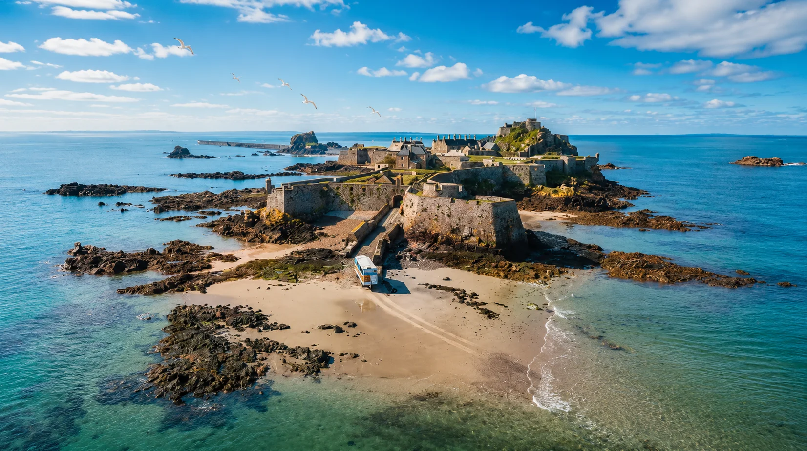 Mont Orgueil Castle towering over Gorey Harbour, Jersey